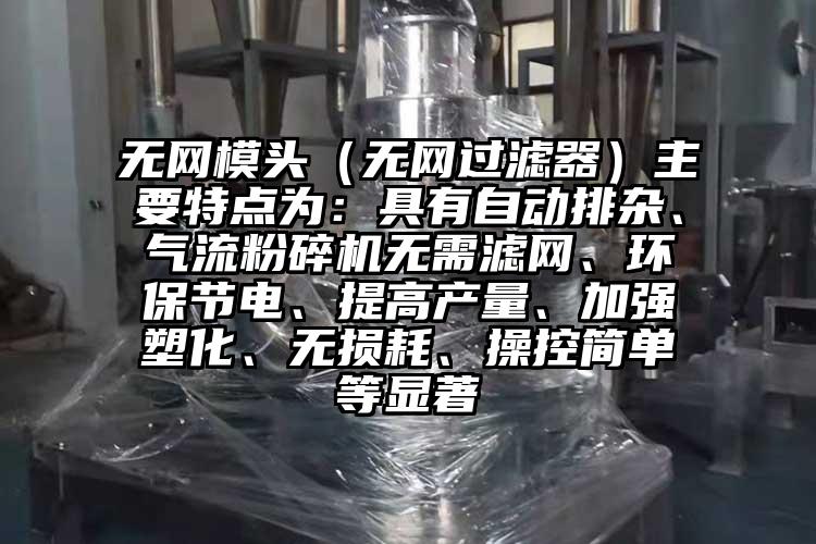 無網(wǎng)模頭（無網(wǎng)過濾器）主要特點為：具有自動排雜、氣流粉碎機無需濾網(wǎng)、環(huán)保節(jié)電、提高產(chǎn)量、加強塑化、無損耗、操控簡單等顯著
